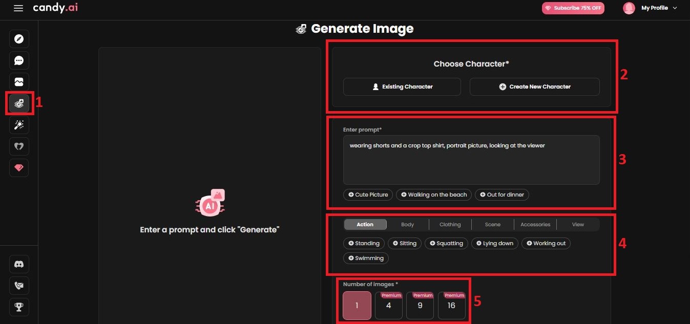 Screenshot showing steps to generate an image on Candy ai
